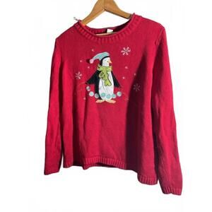 Cozy Red Penguin Holiday Sweater Large